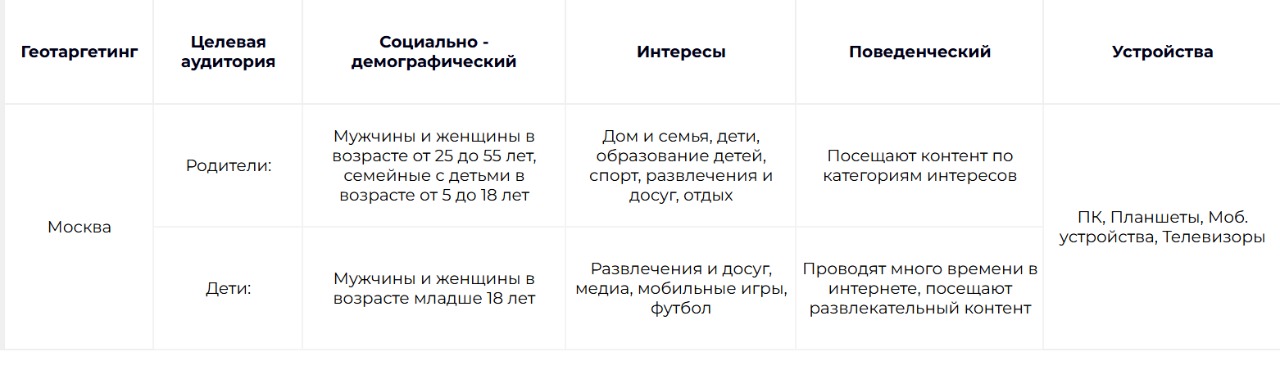 Таблица с описанием целевых аудиторий