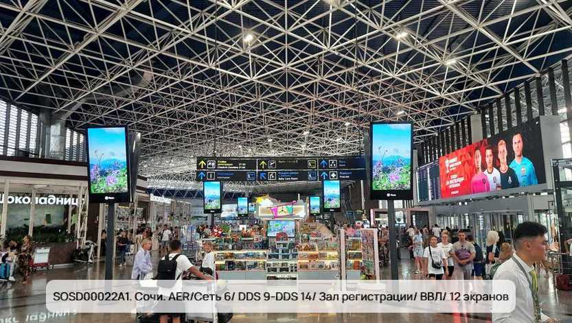 Фотография рекламного носителя, тип: Видеоэкран, адрес: Аэропорт «Адлер», Мира ул., д.50, Адлер, Краснодарский край, Россия. Сторона/вариант A №1348684