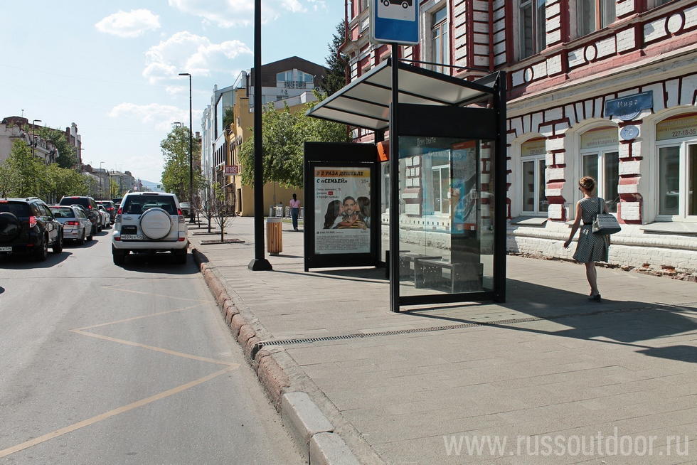 Фотография рекламного носителя, тип: Остановка 1.8x1.2, адрес: Мира пр-т., д.70., ост. "Дом быта", Красноярск, Красноярский край, Россия. Сторона А №158680