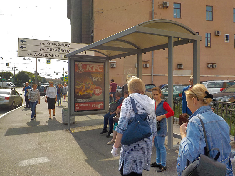 Фотография рекламного носителя, тип: Остановка 1.8x1.2, адрес: Ленина пл. Х Финский пер., д.9, Санкт-Петербург, Россия. Сторона А №164611