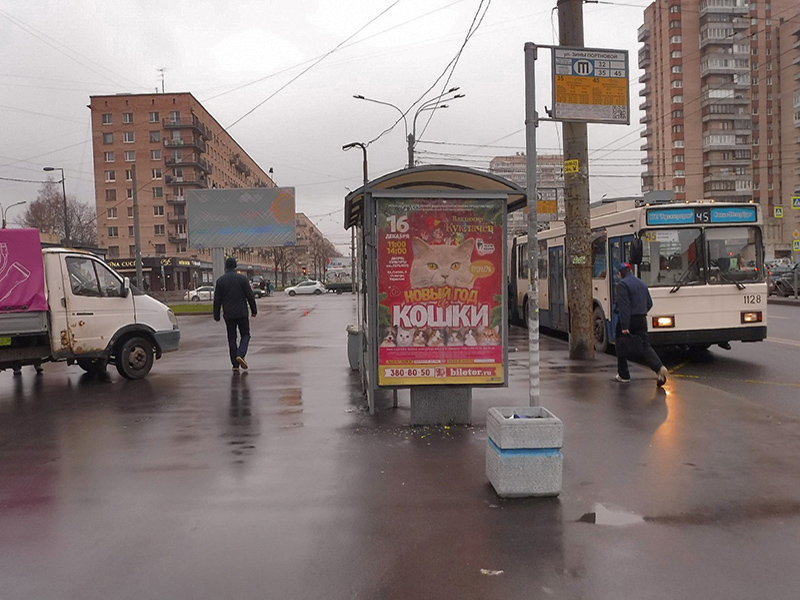 Фотография рекламного носителя, тип: Остановка 1.8x1.2, адрес: Ленинский пр-т., д.118 X Зины Портновой ул., Санкт-Петербург, Россия. Сторона В №164824