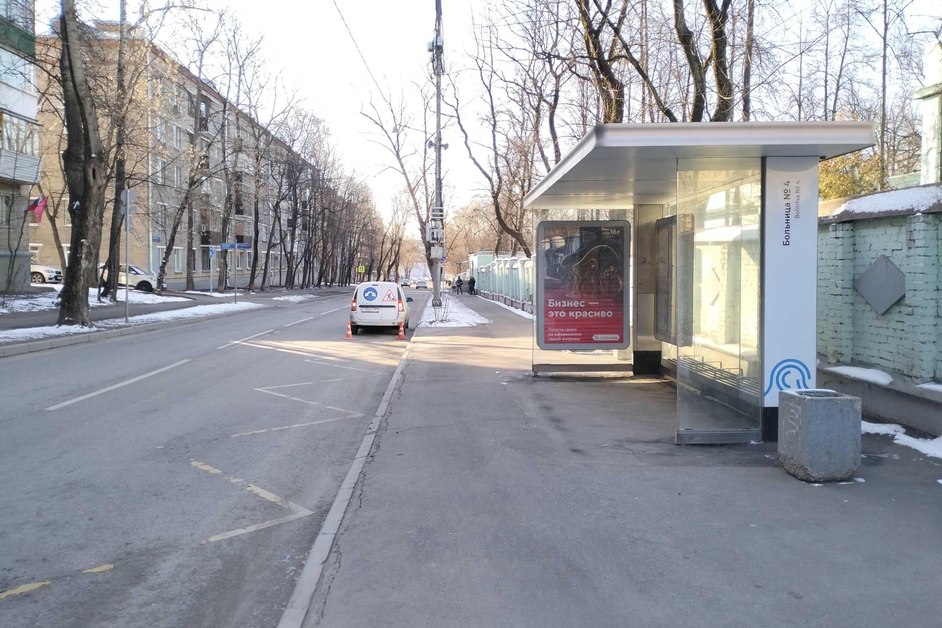 Фотография рекламного носителя, тип: Остановка 1.4x1.6, адрес: Потешная ул., д.3, корп.1, Москва, Россия. Сторона А №307518