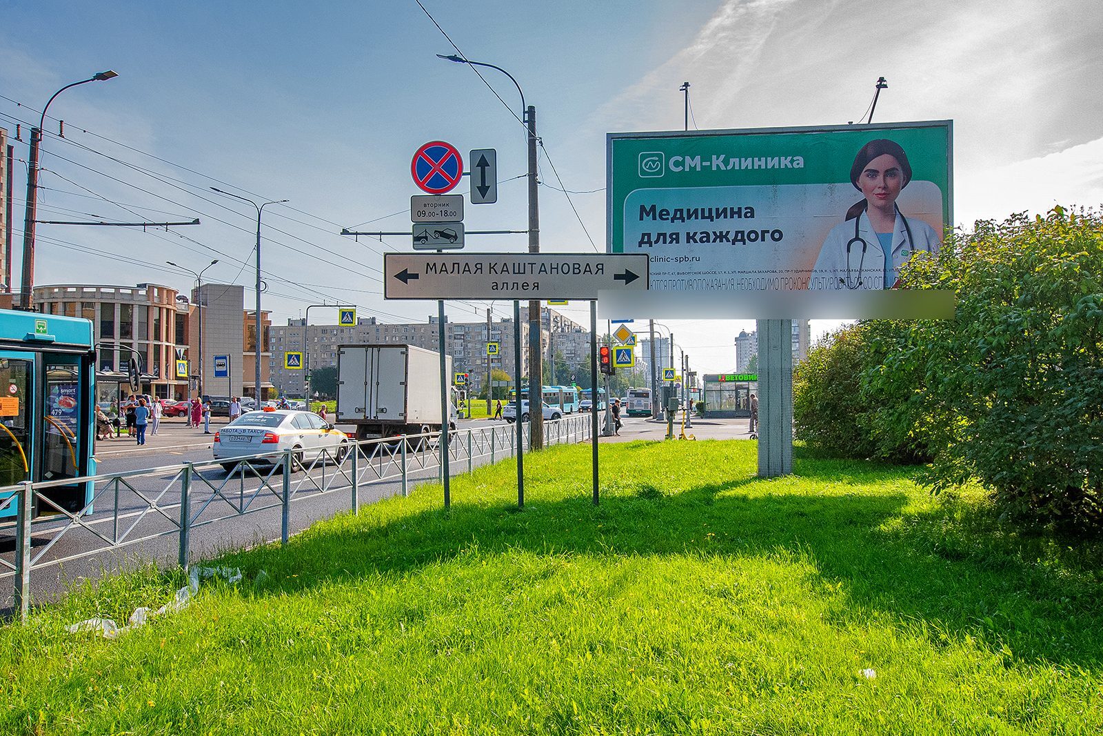 Фотография рекламного носителя, тип: Билборд 3x6, адрес: Будапештская ул., д.71, корп.1 Х Малая Каштановая ал., Санкт-Петербург, Россия. Сторона A №1094339