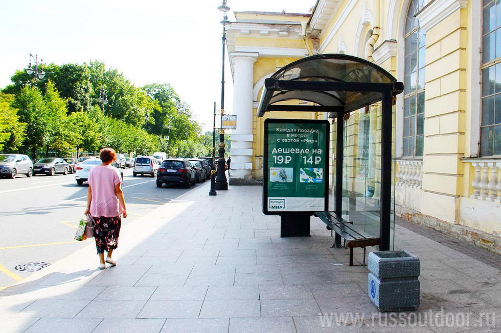 Фотография рекламного носителя, тип: Остановка 1.8x1.2, адрес: Потемкинская ул., д.1 Х Шпалерная ул., Санкт-Петербург, Россия. Сторона А №140460