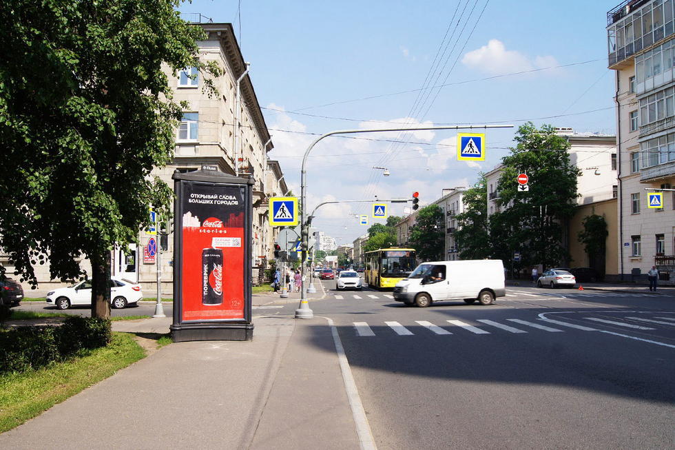 Фотография рекламного носителя, тип: Пиллар 3x1.4, адрес: Савушкина ул., д.21 Х Академика Шиманского ул., Санкт-Петербург, Россия. Сторона Б №144463