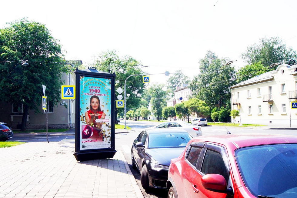 Фотография рекламного носителя, тип: Пиллар 3x1.4, адрес: Савушкина ул., д.36 Х Шишмаревский пер., Санкт-Петербург, Россия. Сторона Б №144470