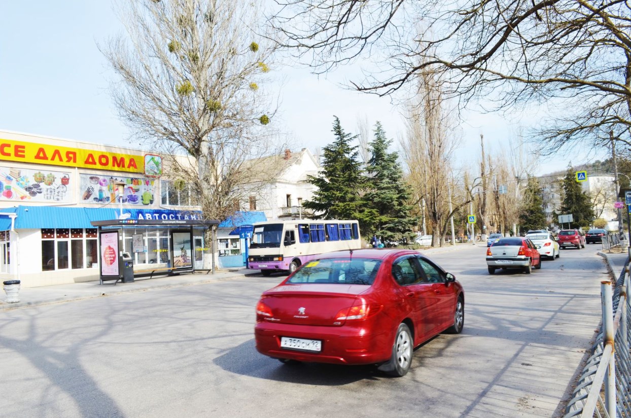 Фотография рекламного носителя, тип: Остановка 1.8x1.2, адрес: Инкерман пос., Симферопольское ш., ост. Автостанция, Севастополь, Россия. Сторона Б1 №721629