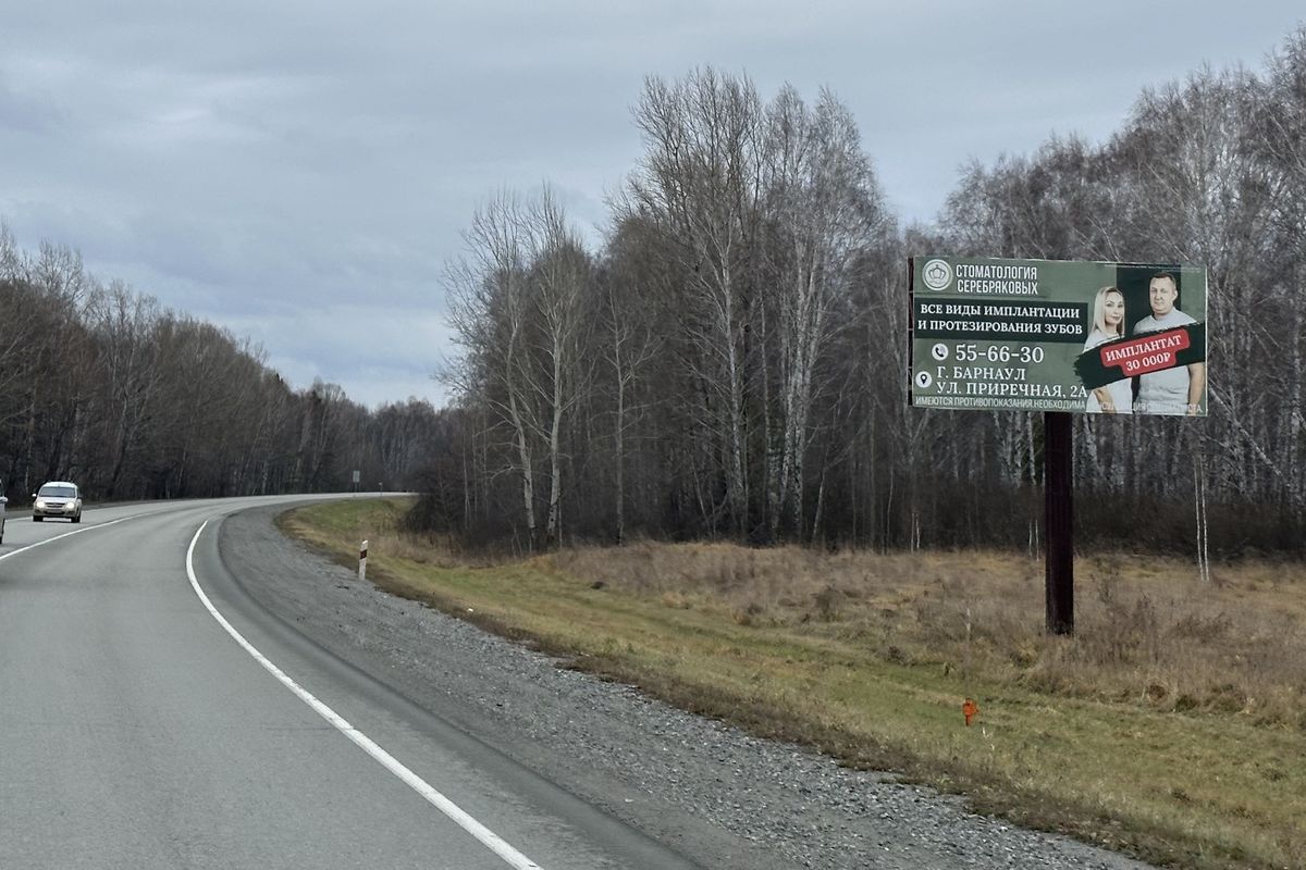 Фотография рекламного носителя, тип: Билборд 3x6, адрес: Чуйский тракт а/д, 160 700м, Барнаул, Алтайский край, Россия. Сторона A №654311