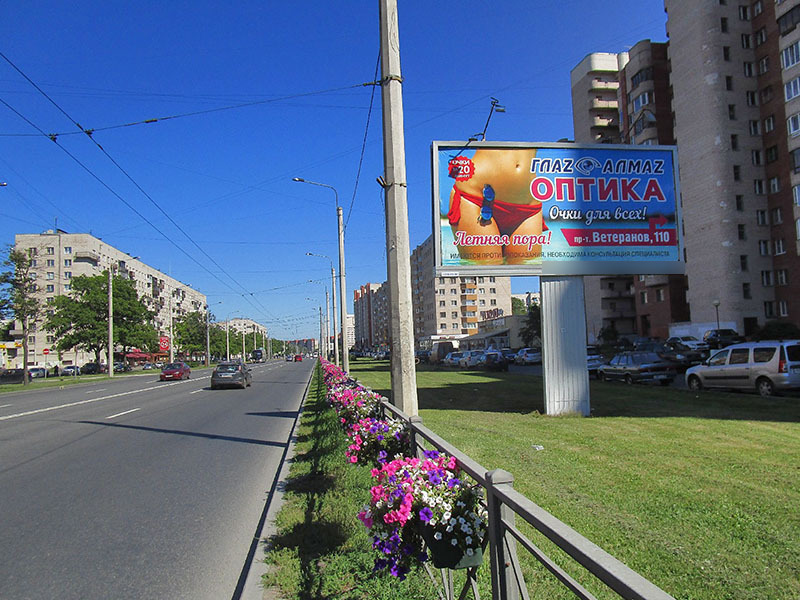Фотография рекламного носителя, тип: Билборд 3x6, адрес: Ветеранов пр-т., д.114, корп.1 Х Маршала Жукова пр-т., Санкт-Петербург, Россия. Сторона A №169333
