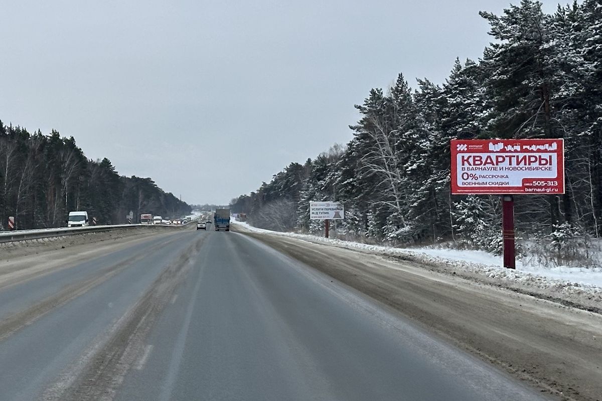 Фотография рекламного носителя, тип: Билборд 3x6, адрес: Чуйский тракт а/д, 199 300м, Барнаул, Алтайский край, Россия. Сторона А №1336779