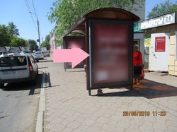 Фотография рекламного носителя, тип: Остановка 1.8x1.2, адрес: Социалистическая ул., ост. "ДК Сода", Стерлитамак, Республика Башкортостан, Россия. Сторона Б1 №868351